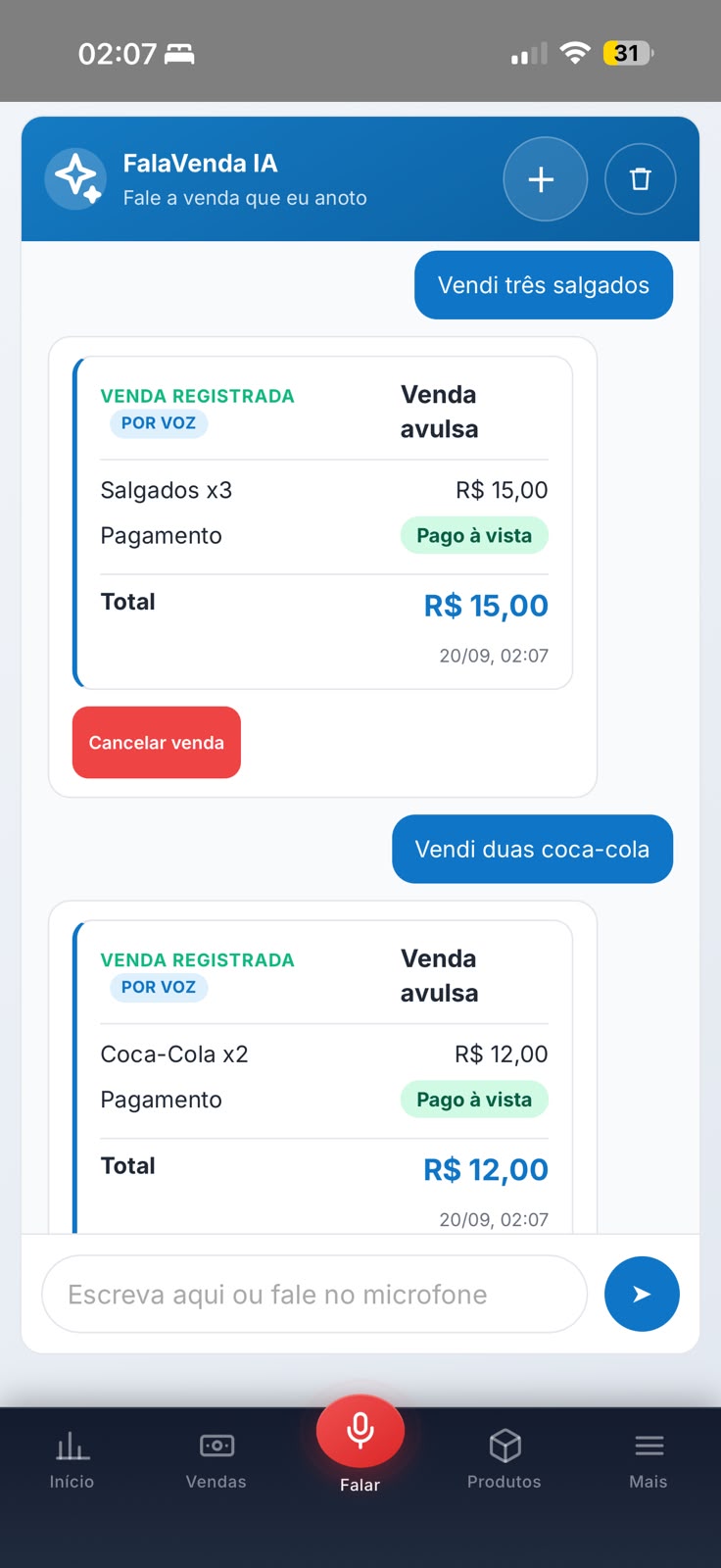 Venda registrada por voz no FalaVenda
